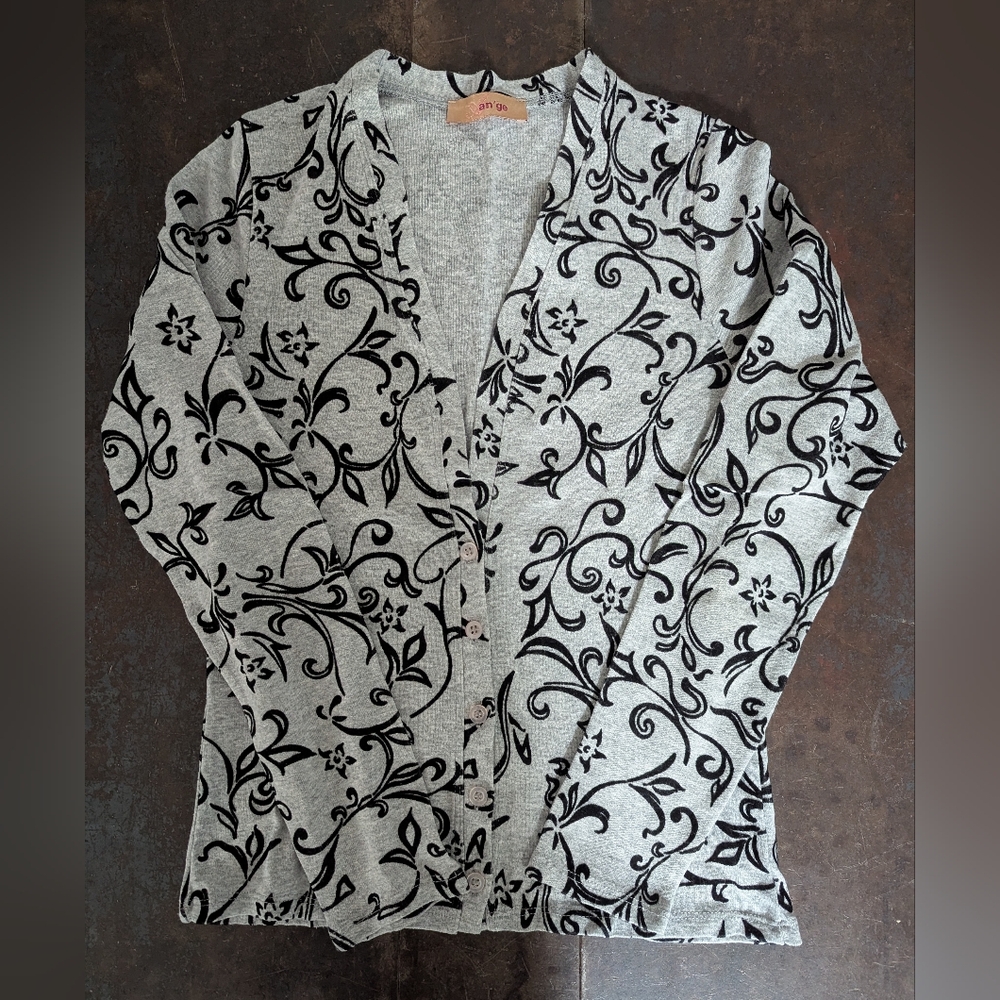 Floral Patterned Gray Cardigan Sweater